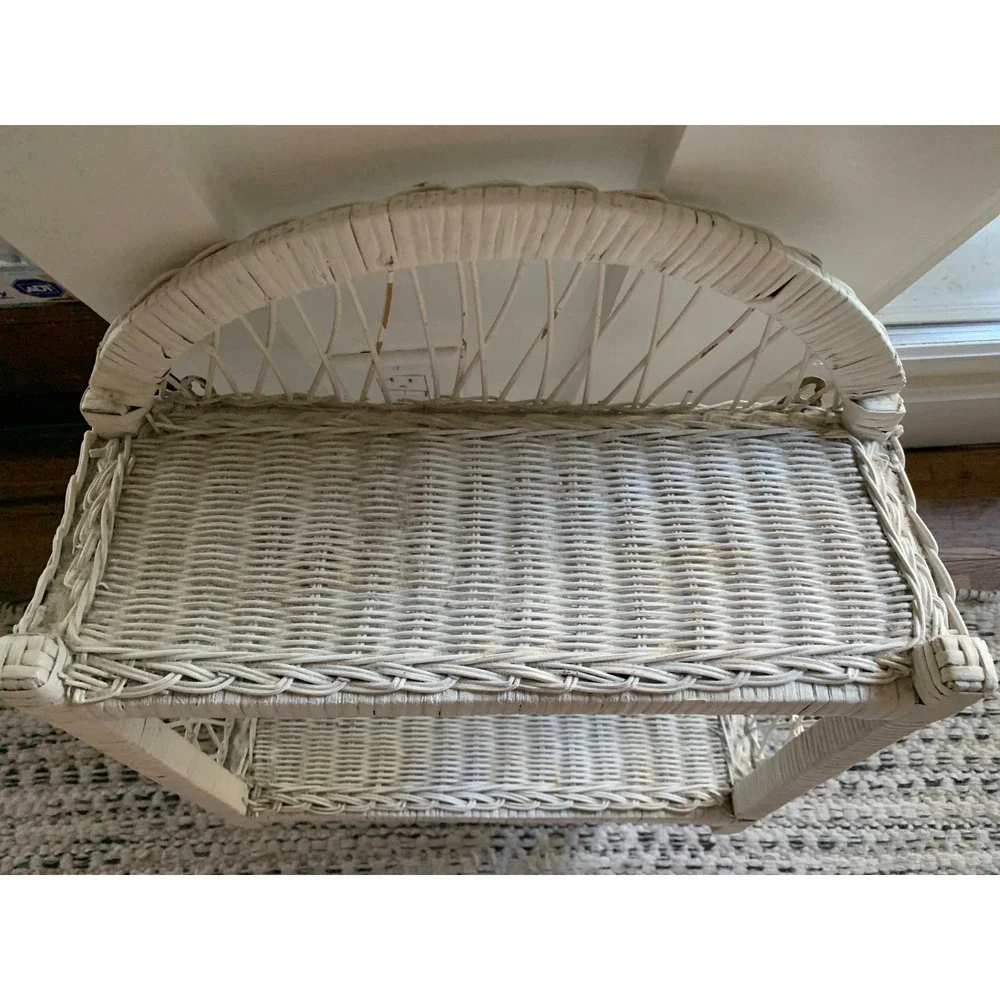 Vintage White Wicker Wall Shelf Arched Rattan 2 Tier Towel Bar Boho Cottagecore